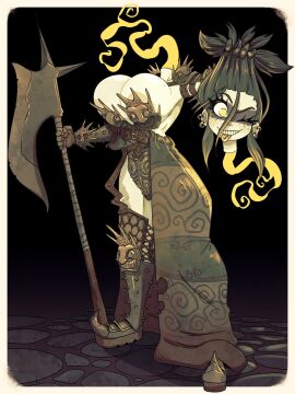 1girls :p ;p areola_slip areolae armor axe big_breasts biting_tongue black_hair border breasts dark_hair detachable_head dullahan female full_body greataxe green_skin headless hi_res jack_cayless no_sex solo tagme undead weapon wink yellow_eyes