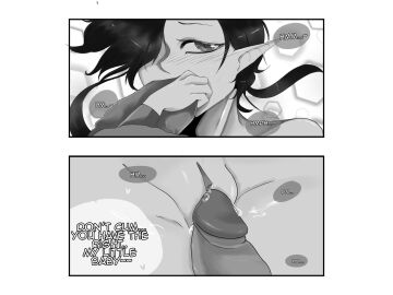 black_white blush elf_ears elf_female english_text female hand_covering_mouth leaking_penis leaking_precum leaking_pussy lizbeth_(sweety_piou) male nnn no_nut_november no_nut_sabotage panting penis penis_against_pussy penis_rubbing_pussy pussy sweety_piou tagme text_bubble