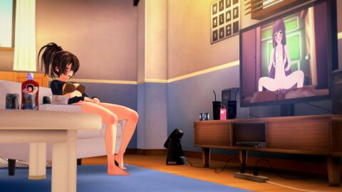 3d ahe_gao ahegao_face bad_girl breasts brown_hair coral_brown_hair dark-skinned_male doki_doki_literature_club edit edited eyes_rolling_back female femc_(doki_doki_literature_club) fingering fingering_self green_eyes japanese_female japanese_girl koikatsu looking_pleasured looking_up male masturbating_while_watching masturbation monika_(doki_doki_literature_club) pubic_hair pussy sex tv uncensored vaginal_penetration watching_porn watching_sex watching_tv yellow_eyes