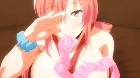 1girls 2022 20s animated breasts competition_swimsuit condom condom_in_mouth condom_on_penis condom_packet_strip cousins female garden_~takamine-ke_no_nirinka~ highres incest large_breasts large_penis one-piece_swimsuit penis_in_hand pink_hair red_one-piece_swimsuit swimsuit tagme takamine_ayame tomoya_(garden_~takamine-ke_no_nirinka~)