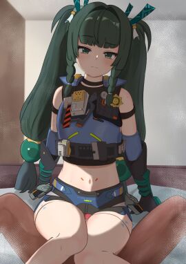 1boy 1girls censored dark-skinned_male dark_skin female hoyoverse indoors light-skinned_female light_skin male male_pov mihoyo pov qingyi_(zenless_zone_zero) robot_girl room tagme thigh_sex twintails young zenless_zone_zero