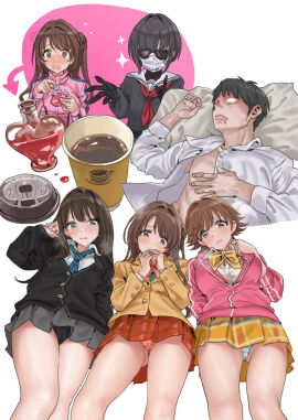 1boy 4girls @_@ bad_id bad_pixiv_id bare_legs blank_eyes blazer blush coffee drooling feet_out_of_frame female hamedoragon highres honda_mio idolmaster idolmaster_cinderella_girls jacket looking_at_another lying male mask mouth_drool mouth_mask multiple_females multiple_girls new_generations_(idolmaster) on_back open_clothes open_shirt panties pantyshot plaid plaid_skirt pleated_skirt school_uniform shibuya_rin shimamura_uzuki shirayuki_chiyo simple_background skirt sunglasses sweatdrop track_jacket underwear upskirt white_background