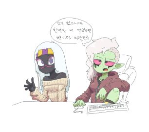 cartoon_network crossover disney disney_channel disney_xd duck_dodgers exposed_shoulders female gamer_girl hoodie keyboard looney_tunes lord_dominator martian martian_(duck_dodgers) mouse_(computer) queen_tyr'ahnee sitting sub-neamo sweater translation_request wander_over_yonder warner_brothers white_hair