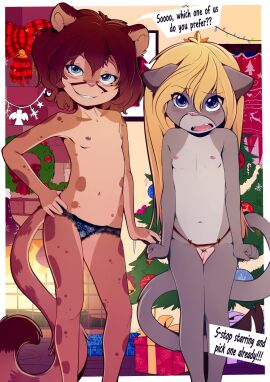 2girls 5_fingers animal_ears anthro anthro_female anthro_focus anthro_only black_clothes black_clothing black_panties black_underwear blonde_hair blue_clothing blue_eyes blue_panties blue_underwear blush border bow box breasts brown_body brown_fur brown_hair brown_spots cat_ears cat_girl cat_humanoid cat_tail catgirl christmas christmas_decorations christmas_lights christmas_ornament christmas_tree clothing cougar crotchless crotchless_panties cub dakota_(kittyprint) detailed_background dialogue dipstick_tail duo english english_language english_text eyebrows eyebrows_visible_through_hair eyelashes fangs felid felid_humanoid feline female female_anthro female_cub female_focus female_only fingers fireplace fist flat_chest fluffy fluffy_tail fur furry furry_breasts furry_ears furry_female furry_only furry_tail g-string gift gift_box green_eyes grey_body grey_fur grin hair half-closed_eyes hand_on_hip indoors lace_panties lingerie long_hair looking_at_viewer mammal markings multicolored_tail multiple_females multiple_girls narrowed_eyes navel nipples nude open_mouth original original_character original_characters pink_clothing pink_nipples pink_nose pink_panties pink_underwear plaid plant pussy red_body red_bow red_clothing red_fur red_hair red_nipples red_panties red_spots red_underwear short_hair sicmop sierra_(pumapaws) small_breasts smile speech_bubble spots spotted_body spotted_fur standing straight_hair tail tail_markings take_your_pick talking_to_viewer tan_body tan_fur tan_inner_ear text thong topless tree two-tone_body two-tone_fur two-tone_tail underwear underwear_only vagina white_border wreath young young_anthro young_female