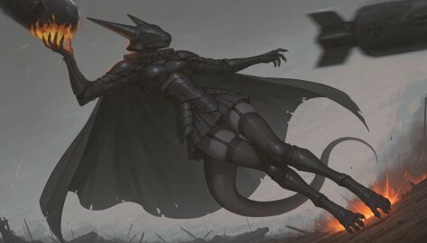 ai_assisted anthro armor artillery_witch battle bottomwear breasts cape clothing crosscrusader dark_clothing destruction digitigrade dragon dragoness faceless_character female floating garter_straps hi_res leg_armor legwear long_tail mythological_creature mythological_scalie mythology overcast scalie skirt sky smoke solo thigh_highs trench_crusade