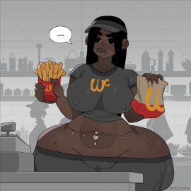 1girls 2d_(artwork) african_female ass background_characters belly_button_piercing belly_chain black_eyes black_hair bottom_heavy cameltoe cashier crowd dark-skinned_female dark_skin erect_nipples_under_clothes fast_food fast_food_employee fast_food_uniform female female_only food fries front_view headwear hips holding_object human hyper_ass hyper_butt hyper_hips massive_hips midriff nipple_bulge noirgutpunch olive_skin paper_bag plump_vulva pointing_down pussy pussy_visible_through_clothes short_sleeves solo_focus standing straight_hair thick_ass thick_thighs tight_shirt tights upper_body visor_cap waist_chain wide_hips work_uniform yelftea