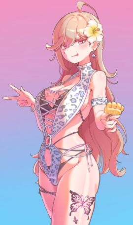 1girls ass bikini breasts butterfly_tattoo d4dj date-chan female flower flower_in_hair kokutoumaru1108 long_hair peace_sign popsicle swimsuit tattoo tongue tongue_out