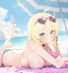 ahoge ass bare_shoulders beach bikini blonde_hair blue_bikini blue_eyes blurry blurry_background breasts deyui female highres large_breasts long_hair lying noya_(stella_sora) ocean on_stomach open_clothes sand side-tie_bikini_bottom solo stella_sora sunglasses swimsuit untied_bikini