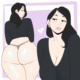 1girls asian_female ass ass_focus big_ass big_breasts black_eyes black_hair breasts bust_portrait cleavage earrings female from_behind heart huge_ass human jopuari lips lisa_(jopuari) long_hair looking_at_viewer milf original original_character pearl_earrings pink_lips plump_lips short_hair solo thong