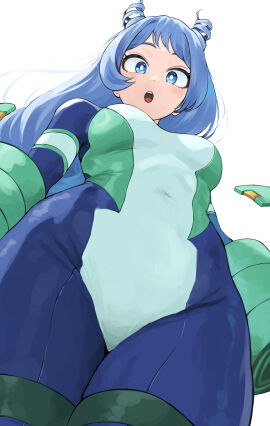 absurdres blue-haired_female blue_bodysuit blue_eyes blue_hair blush bodysuit boku_no_hero_academia breasts drill_hair female fengling_(furin-jp) gloves green_bodysuit hado_nejire hair_horns highres large_breasts long_hair looking_at_viewer looking_down multicolored_bodysuit my_hero_academia nejire_hado open_mouth simple_background skin_tight solo superhero_costume teeth twin_drills upper_teeth_only very_long_hair white_background