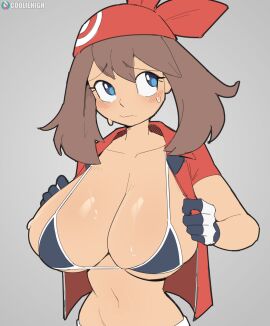 1girls bandana bare_arms bare_shoulders big_breasts bikini bikini_top blue_eyes bra breasts brown_hair clothed clothing color cooliehigh female female_focus female_only game_freak gloves hi_res huge_breasts large_breasts light-skinned_female light_skin long_hair may_(pokemon) nintendo overflowing_breasts pokemon pokemon_rse pokemon_trainer skindentation solo solo_female sweat tagme thick_thighs undressing