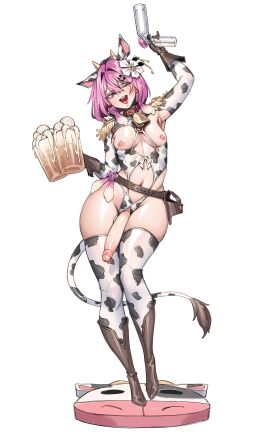 1futa big_penis condom cow_ears cow_horns cow_print cow_tail cowbell cowboy_boots filled_condom foreskin futanari gloves intersex long_penis male naidong penis pink_eyes pink_hair revealing_clothes riharu thigh_highs thighhighs trap uncircumcised