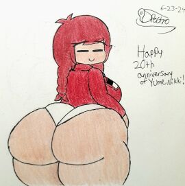 1girls artist_name artist_signature ass ass_bigger_than_head ass_focus big_ass brown_hair bubble_ass bubble_butt closed_eyes female huge_ass human looking_at_viewer looking_back madotsuki panties reddish_brown_hair self_upload smile spectrodraws sweater traditional_media traditional_media_(artwork) wide_hips yume_nikki