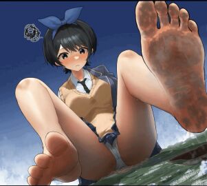 big_breasts black_hair black_jacket blazer blue_eyes blue_hairband blue_skirt blue_sky blush breasts building cardigan clothed clothed_female cloud female foot_fetish giant giant_female giantess gif glaring green_eyes hairband hyper_giantess jacket kanojo_okarishimasu large_breasts lens_flare looking_at_viewer looking_down nz nz_xgts open_mouth panties pleated_skirt sarashina_ruka short_hair sitting sitting_down skirt sky solo sun_glare thighs underwear upskirt v-shaped_eyebrows white_panties yellow_cardigan