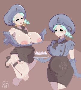 apron ascot barbell_piercing blush breasts brown_apron brown_ascot brown_footwear brown_skirt buttons cake chef chef_hat chubby_belly cleavage cupcake curvy dessert earrings egg_vibrator female flashing food gloves green_eyes green_hair half-closed_eyes hat high_heels highres holding holding_tray hoop_earrings icing jewelry katy_(pokemon) large_breasts leg_up light_areolae lips low_side_ponytail mole mole_on_cheek multiple_views nintendo nipple_piercing nipples no_bra object_insertion open_clothes open_mouth opened_by_self parted_lips pencil_skirt piercing pink_lips pokemon pokemon_sv pokemon_trainer puffy_short_sleeves puffy_sleeves pulling_own_clothes remote_control_vibrator ripping round_belly seductive_smile sex_toy shiny_skin shirt short_sleeves simple_background skirt smile spider_web_print standing standing_on_one_leg sweets tearing_clothes thigh_strap torn_clothes torn_shirt tray vibrator vibrator_cord vibrator_in_thigh_strap vibrator_under_clothes vixycore waist_apron