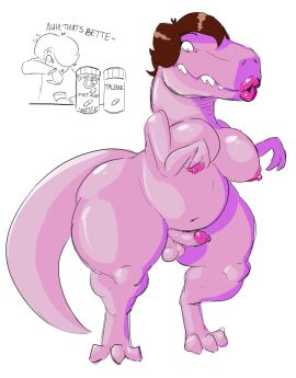 2023 anthro balls breasts brown_hair dialogue digital_media_(artwork) digitigrade dinosaur dunnhier1 dunnhierdraws english_text erection futanari gender_transformation genitals hair human human_to_anthro intersex lipstick looking_down makeup male mammal mti_transformation navel nipples nude penis pill_bottle pink_body prehistoric_species reptile scalie simple_background solo species_transformation standing surprised tail text theropod transformation tyrannosaurid tyrannosauroid tyrannosaurus tyrannosaurus_rex white_background wide_hips