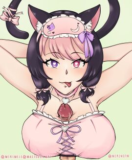 animal_ears breasts cat_ears cat_girl cat_tail catgirl clothed_sex clothing darlingstrawb different_eye_color different_hair_color female female_focus heart heart-shaped_pupils heart_eyes large_breasts looking_at_viewer male male_pov mirimele paizuri penis penis_between_breasts penis_in_breasts pov short_hair tail titjob twintails unseen_male unseen_male_face virtual_youtuber vtuber vtuberfanart