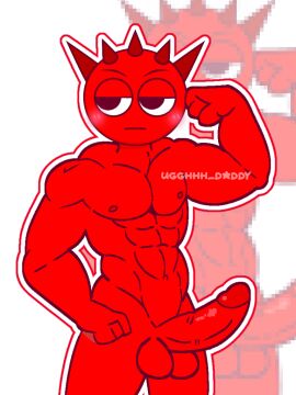 abs armpits background balls ballsack bara blush blush_lines horn horns male muscles nipples outline outlined penis raddy_(sprunki) red_(sprunki) red_body red_horns red_penis red_penis_tip red_skin shadow showing_off simple_background sprunki strong tick_tock_meme watermark watermarked_at_source white_background yaoi