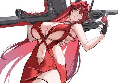 1girls alcohol alternate_costume antenna_hair bare_arms bare_shoulders barrett_m82a2 black_choker breasts choker cleavage clothing_cutout cowboy_shot cup dress drinking_glass eyebrows_visible_through_hair female fingerless_gloves gloves goddess_of_victory:_nikke gun hair_flaps hair_intakes holding holding_cup holding_gun holding_weapon horns large_breasts long_hair mechanical_horns navel navel_cutout official_alternate_costume red_dress red_hair red_hood_(nikke) red_hood_(nonsense_red)_(nikke) red_wine revealing_clothes rifle scope shiki_(love-saber) sidelocks simple_background single_glove sniper_rifle solo stomach stomach_cutout thigh_squish thighs thighs_strap upper_body weapon white_background wine wine_glass yellow_eyes