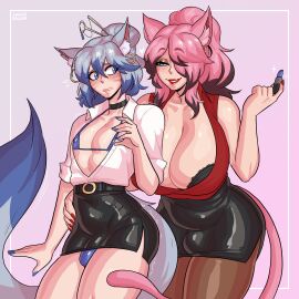 1boy 1futa 2024 animal_ears before_and_after big_breasts bikini bikini_under_clothes black_highlights blue_bikini blue_eyes blue_highlights blue_lipstick blush breasts bulge cat_boy cat_ears cat_girl cat_tail catboy catgirl cleavage closed_eyes clothed clothing crossdressing duo female femboy feminization final_fantasy final_fantasy_xiv fox_ears fox_tail fully_clothed futanari grey_hair hair_over_one_eye hi_res humanoid intersex kemonomimi kuromaru_(original_character) light-skinned_futa light_skin lipstick loggus_doggus long_hair male male_with_painted_nails miqo'te pantyhose pencil_skirt penis penis_bulge pink_hair red_lipstick second-party_source smile standing tail thick_thighs tied_hair trans_woman transfem zephyr_winds