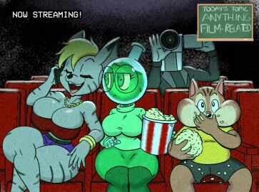 2024 2boys 2girls animal_humanoid anthro ass big_ass big_breasts big_butt black_eyelashes both_eyes_closed breasts brown_body brown_fur camera camera_head chipmunk closed_eyes clothed clothing digital_drawing_(artwork) digital_media_(artwork) eating electronics female glasses green_body green_eyes green_legwear green_shirt green_skirt grey_body grey_clothing grey_fur grey_pants ground_squirrel hi_res hyena jewelry legs_crossed male male/male/female/female mammal mammal_humanoid millie_(tansau) munching nails necklace object_head oc on_the_phone open_mouth open_smile original_character phone picarto.tv pink_nails popcorn purple_shorts red_bra ring_(jewelry) rodent rodent_humanoid sciurid sitting sitting_on_chair squirrel stripes sweatdrop talking_on_phone tansau tansau's_lab_stream text thick_thighs yellow_hair yellow_shirt