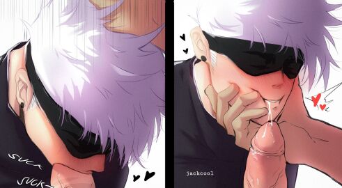 2boys black_blindfold black_shirt blindfold blush cheek_pinching commentary cum cum_in_mouth cum_on_body cum_on_penis ear_piercing earrings english_commentary fellatio gay girthy_penis gojou_satoru hand_on_another's_face heart highres irrumatio jackcool jackcoolx jewelry jujutsu_kaisen male male_only motion_lines multiple_boys multiple_males oral parted_lips penis piercing pinching satoru_gojo shirt sideburns solo_focus sound_effects upper_body veins veiny_penis yaoi