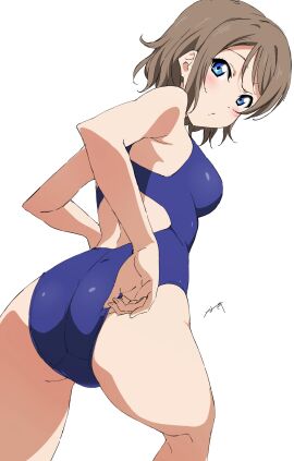 adjusting_clothes adjusting_swimsuit ass bent bent_over blue_eyes blush breasts brown_hair competition_swimsuit female from_behind green_eyes hair_over_shoulder highres looking_at_viewer looking_back love_live! love_live!_sunshine!! nagi_mkrnpn one-piece_swimsuit short_hair simple_background solo swimsuit watanabe_you wavy_hair
