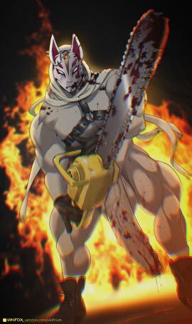 1boy blood_on_penis blood_splatter blurry_background boots chainsaw drift_(fortnite) fire foreskin fortnite fortnite:_battle_royale glowing_eyes helloween hyper hyper_penis latex male male_only mask masked masked_male muscular muscular_male nipples penis piercing socks solo spooky uncircumcised vikifox_(artist)