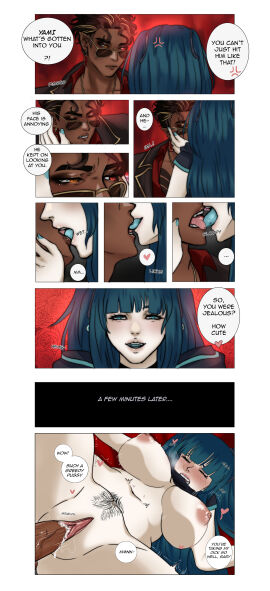 1boy 1girls bellua_velvetta blue_hair blush breasts brown_hair comic cum cum_in_pussy cum_inside dark-skinned_male dark_skin dialogue female fluffypepole heterochromia kissing light-skinned_female light_skin male original pubic_hair pussy sunglasses tattoos teal_eyes teal_tongue vaginal_penetration virtual_youtuber vtuber