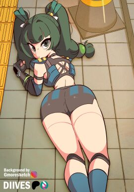 android animated ass ass_shake diives female green_eyes green_hair highres looking_at_viewer looking_back police police_uniform qingyi_(zenless_zone_zero) twintails zenless_zone_zero