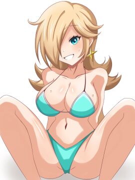 aqua_bikini arms_behind_back bare_shoulders blonde_hair blue_eyes breasts feet_out_of_frame female hair_over_one_eye large_breasts legs_spread looking_at_viewer mario_(series) navel nintendo princess_rosalina simple_background sitting smile super_mario_bros. super_mario_galaxy teeth wet white_background yassrosalina