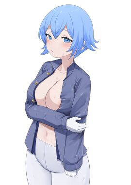 artist_request blue_eyes blue_hair blush breasts female large_breasts open_clothes somua_sm somua_sm_(daebom) wet_clothes