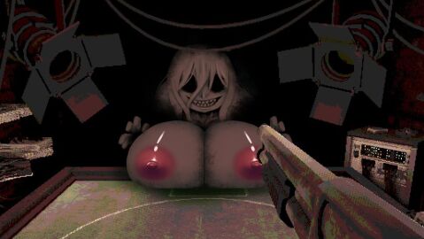 bald black_background black_eyes black_nipples breasts buckshot_roulette creepy_smile dark_skin dealer_(buckshot_roulette) female female_focus female_only flashing_breasts genderswap genderswap_(mtf) good_end hidden horror large_breasts looking_at_viewer monster monster_girl nightmare_husbando nude nude_female resting_breasts rule_63 shotgun_shell smile studio_lights table whitewo1f