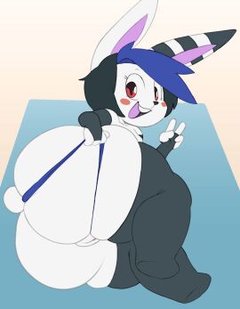 2021 angstrom anthro ass big_ass big_butt black_hair blue_clothing blue_hair blue_legwear blue_stockings blue_thong blue_underwear blush buckteeth clothing digital_media_(artwork) eyelashes female fingerless_gloves fur genitals gesture gloves grey_clothing grey_gloves grey_handwear hair hand_gesture handwear hi_res lagomorph legwear leporid mammal multicolored_hair nora_(leofel_barraund) open_mouth pussy rabbit red_eyes short_stack simple_background smile solo stockings tail teeth thong underwear v_sign white_body white_fur