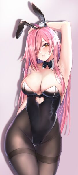 1girls 2d 2d_(artwork) alternate_costume arm_behind_head big_breasts black_bunnysuit breasts bunny_ears bunnysuit cleavage female female_focus female_only grey_background hair_over_one_eye hourglass_figure indie_virtual_youtuber latam_virtual_youtuber light-skinned_female light_skin long_hair neneefthy pink_hair ribbon riku_taru simple_background slim_female smiling smiling_at_viewer solo solo_female solo_focus standing virtual_youtuber voluptuous voluptuous_female vtuber vtuberfanart