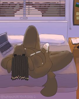 absurd_res anthro bed bedroom bodily_fluids canid canine canis closed_eyes computer cum cum_on_belly cum_on_body cum_on_chest cum_on_hand cum_on_penis cum_on_self desk detailed_background domestic_dog dreadlocks ejaculation electronics erection furniture genital_fluids genitals hair hi_res houston_(wannabeyourdog2) humanoid_genitalia humanoid_penis inside lying male mammal masturbation morning nude on_bed orgasm penile penile_masturbation penis pillow solo spread_legs spreading story story_in_description table tail wannabeyourdog2