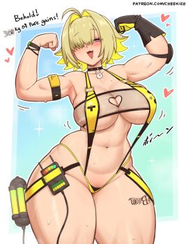 1girls blonde_hair breasts cheekie0 elegg_(nikke) female female_only flexing goddess_of_victory:_nikke huge_breasts large_breasts pubic_hair pubic_hair_peek revealing_clothes solo thick_thighs voluptuous