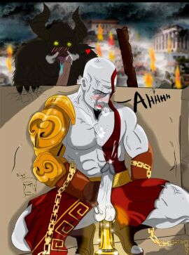 abe bald bald_male bara beard cumming cumming_while_penetrated daddy dildo dildo_in_ass dilf facial_hair gay god_of_war golden_dildo kratos male male_focus male_only masculine_male mature_male muscles muscular muscular_male older_male red_markings riding_dildo white_body white_skin yaoi