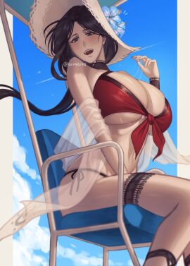 1girls 50x48x48 beach_chair bikini black_hair bleach blue_eyes blue_sky blurry breasts cleavage depth_of_field female front-tie_bikini_top front-tie_top hat highres holding holding_whistle huge_breasts long_hair looking_at_viewer navel official_alternate_costume open_mouth red_bikini sky solo sun_hat swimsuit thigh_strap underboob unohana_retsu whistle whistle_around_neck