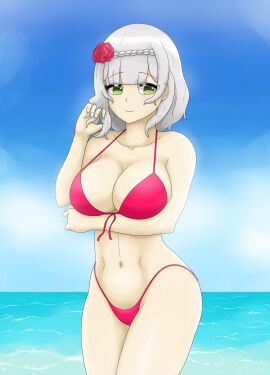 1girls 2d 2d_(artwork) ale_131 alternate_breast_size alternate_costume alternate_version_available arm_under_breasts belly belly_button big_breasts bikini bikini_bottom bikini_top bra breasts cleavage clouds day female female_focus female_only flower flower_in_hair front_view genshin_impact green_eyes grey_hair high_resolution highres hoyoverse light-skinned_female light_skin looking_back male navel noelle_(genshin_impact) ocean outdoors red_bikini red_bikini_bottom red_bikini_top red_bra red_swimsuit red_thong short_hair sky slim_female smiling smiling_at_viewer solo solo_female solo_focus standing summer swimsuit thong thong_bikini two_piece_swimsuit voluptuous voluptuous_female water young younger_female younger_male