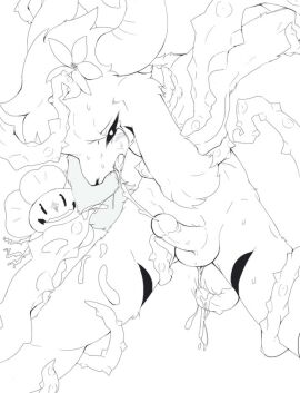 2016 anthro asriel_dreemurr asriel_dreemurr_(god_form) balls black_sclera blush bodily_fluids bovid caprine crying drooling duo ejaculation erection fangs flowey_the_flower gay genitals goat grin japanese_description male mammal monochrome open_mouth ouka penis restrained_arms restrained_legs saliva sex smile tears teeth tentacle tentacle_rape tentacle_sex undertale undertale_(series)