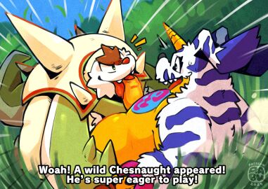 animal_skin anthro balls bandai_namco belly blush chesnaught crossover digimon digimon_(species) duo erection fellatio foreskin fur gabumon gay generation_6_pokemon genitals hi_res horn male male/male nintendo oral penile penis pokemon pokemon_(species) raburigaron sex size_difference slightly_chubby striped_body striped_fur stripes uncircumcised