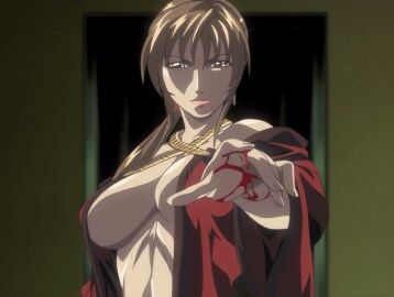 00s 1girls 2006 animated bible_black bible_black_new_testament breasts brown_hair cloak earrings female high_ponytail imari_kurumi jewelry large_breasts lipstick long_hair makeup open_clothes ponytail ritual robe shin_bible_black side_ponytail smirk tagme