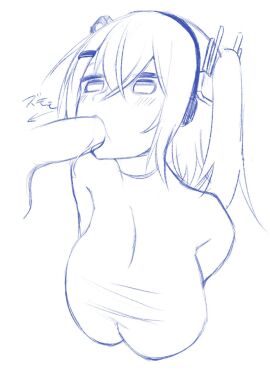 1boy 1girls a.i._voice adachi_rei android android_girl blowjob bp17522574 breasts cropped_torso fellatio female greyscale hair_ribbon hairclip hanging_breasts headlamp headset huge_breasts male medium_hair monochrome one_side_up penis radio_antenna ribbon robot robot_girl sucking sucking_penis sweater utau