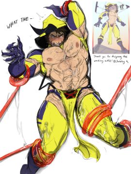 1boy adapted_costume baimonbluewhale bara blush boots gloves hairy james_howlett jwtetsy large_pectorals logan_(x-men) male marvel marvel_comics muscles muscular muscular_male nipples pectorals reference_image revealing_clothes solo wolverine_(x-men) x-men yaoi