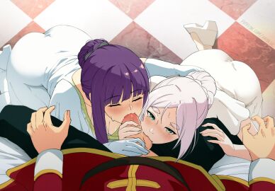 1boy 2girls akobeul aroused balls balls_sucking blowjob dress elf elf_ears elf_female eye_contact fellatio female female_human fern_(sousou_no_frieren) frieren frieren_beyond_journey's_end green_eyes handjob human human_male light-skinned_female male male_human/female_elf oral penis pointy_ears pov pov_eye_contact purple_hair red_outfit sousou_no_frieren stark_(sousou_no_frieren) sucking_balls sucking_testicles testicles threesome white_hair