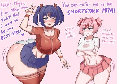 2d_mita_(miside) 2girls annoyed ass ass_body big_ass blue_hair bottom_heavy breasts bubble_ass bubble_butt cosplay crossover dialogue doki_doki_literature_club fat_ass female female_only huge_ass jealous jealous_female large_ass looking_at_viewer micro_bikini miniskirt miside mita_(miside) natsuki_(doki_doki_literature_club) natsuki_is_better navel navel_line panties pink_hair shortstack skimpy skimpy_clothes skirt small_clothes talking_to_viewer text thick_ass thick_thighs tight_clothing toned toned_body useless_clothing useless_skirt wide_hips ytrall