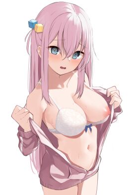 1girls @_@ absurdres blue_bow blue_eyes blush bocchi_the_rock! bottomless bow bow_bra bra breasts cleavage collarbone cube_hair_ornament female gotou_hitori hair_between_eyes hair_ornament highres jacket juliet_sleeves lace lace-trimmed_bra lace_trim large_breasts long_hair long_sleeves looking_at_viewer memekko navel nipple_slip nipples one_breast_out one_side_up open_clothes open_jacket open_mouth pink_hair pink_jacket puffy_sleeves simple_background solo stomach sweat swirly_eyes tearing_up track_jacket underwear undressing white_background white_bra