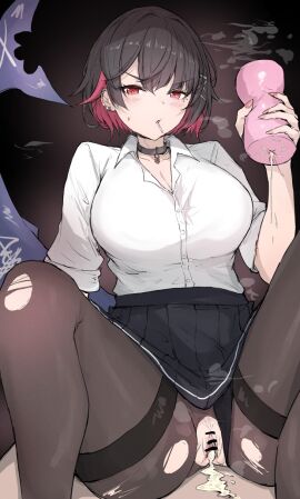 1girls artificial_vagina bar_censor black_choker black_hair black_pantyhose black_skirt breasts censored choker cleavage cum cum_in_pussy cum_inside ellen_joe female fins fish_tail hair_ornament highres large_breasts looking_at_viewer multicolored_hair nude nude_female pantyhose pleated_skirt pussy red_hair sakiya sex_toy shark_girl shark_tail shirt short_hair sitting skirt solo tail torn_clothes torn_pantyhose two-tone_hair victoria_housekeeping white_shirt x_hair_ornament zenless_zone_zero