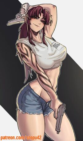 1girls 2023 2d 2d_(artwork) artist_name asian asian_female baddie beretta_92_(weapon) black_lagoon brownish_hair busty crop_top dual_wielding female female_only gun guns jean_shorts jeans light-skinned_female light_skin looking_at_viewer pose posing_for_the_viewer purple_hair questionable realistic_proportions revy sfw short_shorts shorts smile smiling_at_viewer solo solo_female solo_focus stopu tattoo tattooed_arm thick_thighs thighs tomboy weapon weapons wine_colored_hair